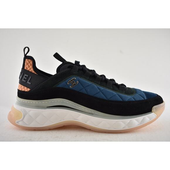 Chanel 21K Mens Blue Green White Black CC Logo Low Top Trainer Sneaker 44 11 - Picture 2 of 14